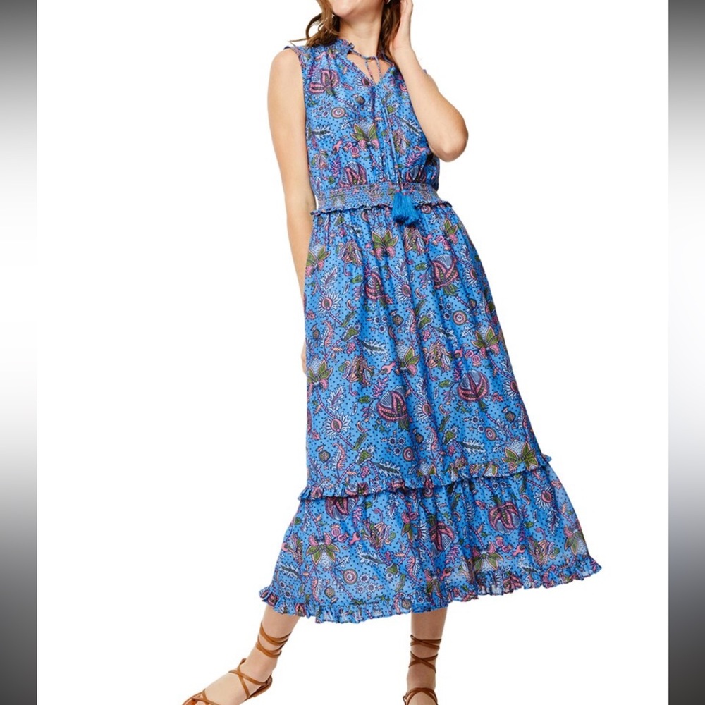 Roller Rabbit Amanda Friday Silk Blend Smocked Midi Dress Blue Paisley Size XS